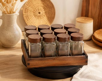 Acacia Wood Spice Jar Organizer, Borosilicate Glass Spice Bottles, Rectangular Kitchen Storage, 120 ml Pantry Decor