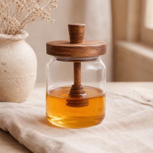 Glass Honey Jar with Wooden Dipper | Clear Honey Pot with Lid, Kitchen Storage Jar, Syrup Container, Housewarming Gift