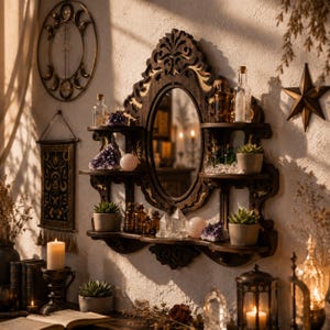 Houten wandplank met spiegel, gotische wandplank, heksenachtige spiegelplank, apothekersplank, kristallen displayplank, gotische woondecoratie