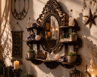 Wood Wall Shelf with Mirror, Gothic Wall Shelf, Witchy Mirror Shelf, Apothecary Shelf, Crystal Display Shelf, Gothic Home Decor