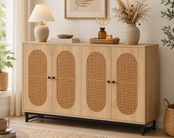 Sideboard aus Rattan, Boho-Buffet, Aufbewahrungsschrank aus Rattan, Anrichte aus Holz, Konsolenschrank im Landhausstil, Esszimmerschrank, Aufbewahrungsschrank für den Eingangsbereich