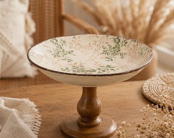 Ceramic Cake Stand, Farmhouse Dessert Stand, Rustic Pedestal Serving Plate, Floral Cake Display, Cottagecore Kitchen Decor, Fruit Stand
