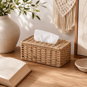 Peut inclure: Un boîtier à mouchoirs rectangulaire fabriqué à partir de fibres naturelles tressées de couleur beige dans un motif en grille. La boîte présente une ouverture sur le dessus avec un mouchoir blanc dépassant du centre, révélant une texture tressée.
