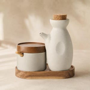 Japanese Style Oil Dispenser and Seasoning Jar Set | Cream Condiment Set with Tray, Sauce Bottle, Salt Jar, Kitchen Counter Decor Gift