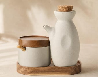 Set di dispenser per olio e barattolo per condimenti in stile giapponese | Set per condimenti cremosi con vassoio, bottiglia per salse, saliera, idea regalo per decorare il piano cucina