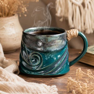Peut inclure: Une tasse en céramique avec un vernis bleu sarcelle profond et bleu foncé présentant un motif texturé en spirale sur l'extérieur. La poignée est enveloppée d'une corde en fibre naturelle beige clair, et la tasse contient un liquide sombre avec de la vapeur.