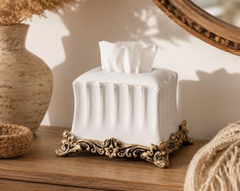 Funda de cerámica blanca para caja de pañuelos, soporte vintage para papel higiénico, base dorada para tocador, elegante dispensador de pañuelos