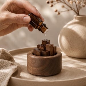 Peut inclure: Un petit flacon compte-gouttes en verre ambré distribuant une goutte de liquide transparent sur un groupe de blocs en bois brun foncé disposés dans une base circulaire en bois. Les blocs varient en hauteur, créant un aspect étagé.