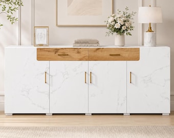 Modern Sideboard Cabinet, Marble Effect Buffet Cabinet, White Storage Cabinet, Wood Accent Credenza, Kitchen Sideboard, Living Room Cabinet