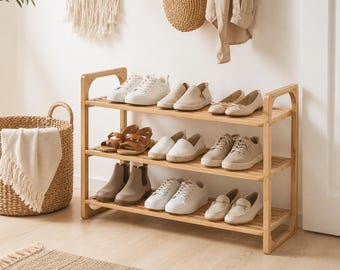 3 Tier Bamboo Shoe Rack, Wooden Shoe Storage Shelf, Entryway Shoe Organizer, Freestanding Shoe Stand, Minimalist Hallway Storage