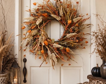 Ghirlanda autunnale di paglia, ghirlanda autunnale per la porta, ghirlanda del raccolto, decorazione rustica da fattoria, ghirlanda del Ringraziamento, ghirlanda per la porta d'ingresso, decorazione autunnale per la parete