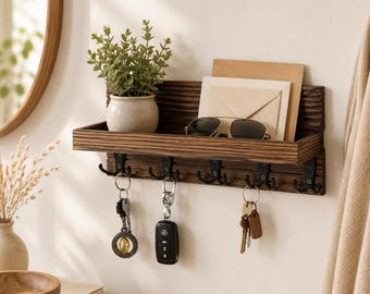 Rustic Wooden Key Holder Wall Mount, Entryway Organizer Shelf with Hooks, Mail and Phone Storage, Farmhouse Wall Decor
