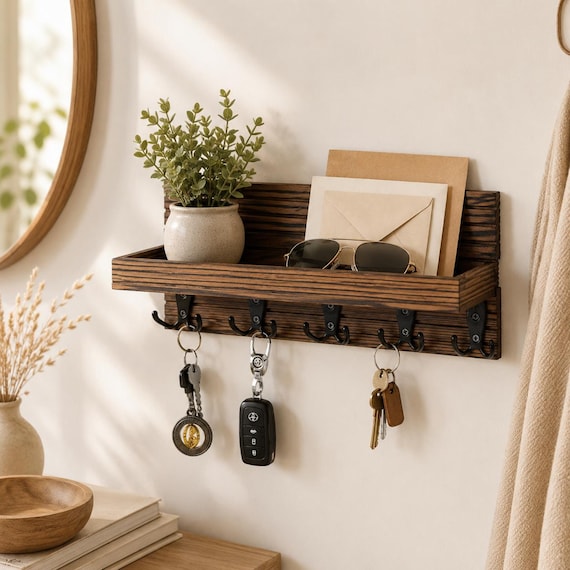 Rustic Wooden Key Holder Wall Mount, Entryway Organizer Shelf with Hooks, Mail and Phone Storage, Farmhouse Wall Decor