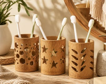 Bamboo Toothbrush Holder, Wooden Bathroom Cup, Boho Vanity Organizer, Toothbrush Stand, Rustic Bathroom Decor, 3 Styles