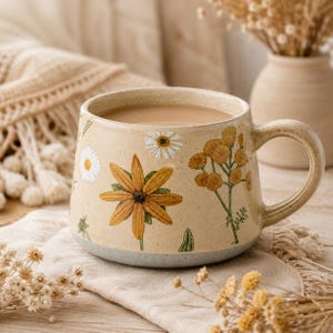 Peut inclure: Une tasse en céramique à la finition crème mouchetée ornée d'un imprimé botanique de marguerites blanches, de rudbeckies jaunes et de grappes de petites fleurs dorées. La tasse présente un corps large et arrondi, une anse robuste et une base gris clair.