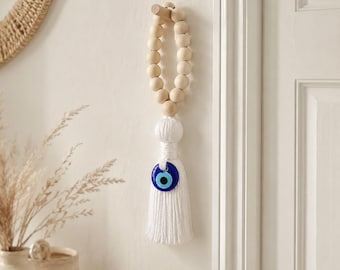 Adorno de borla de ojo turco estilo boho, adorno colgante de cuentas de madera, amuleto turco Nazar, decoración para manija de puerta, adorno de pared, regalo de inauguración de casa