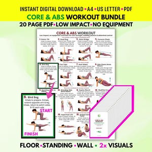 May include: A 20-page digital PDF workout guide titled Core & Abs Workout, featuring illustrations of low-impact exercises. The document includes instructions for movements like pelvic tilts, bird dogs, and planks, formatted for A4 and US Letter paper sizes.