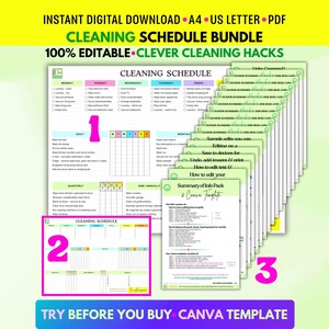 May include: A digital cleaning schedule bundle featuring editable templates in A4 and US Letter sizes. The document includes daily, weekly, monthly, and quarterly task lists, a summary info pack, and Canva template instructions for household organization.