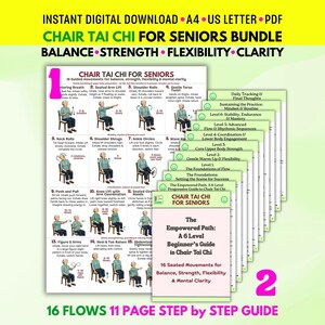 May include: A digital guide titled Chair Tai Chi for Seniors featuring 16 seated movements for balance, strength, flexibility, and mental clarity. The bundle includes an 11-page step-by-step guide, A4 and US Letter PDF formats, and daily tracking sheets.