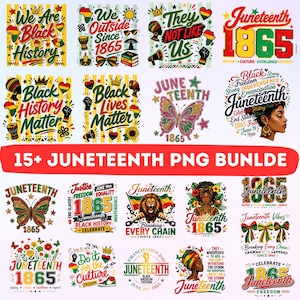 Puede incluir: Una colección de gráficos PNG coloridos con el tema del Juneteenth. Los diseños incluyen texto como "Black History Matter", "Juneteenth 1865" y "Breaking Every Chain". Las imágenes presentan mariposas, coronas y motivos de inspiración africana.