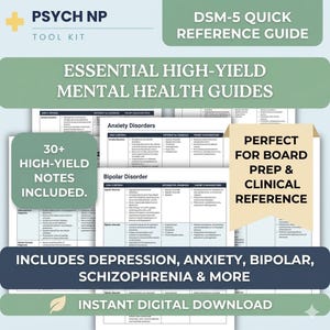 Könnte beinhalten: Ein digitaler Leitfaden mit dem Text "DSM-5 Quick Reference Guide" und "Essential High-Yield Mental Health Guides". Der Leitfaden enthält Notizen zu Angstzuständen, bipolaren Störungen und mehr. Der Text "Perfect for Board Prep & Clinical Reference" ist ebenfalls sichtbar.