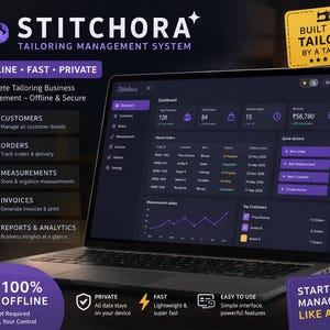 Pode incluir: Um laptop exibe a interface do sistema de gerenciamento de alfaiataria "Stitchora". A tela mostra um painel com dados de clientes, pedidos e receita. O software é anunciado como offline, rápido e privado, com recursos para gerenciar clientes, pedidos, medidas, faturas e relatórios.