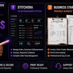 May include: A digital marketing graphic for a tailor business bundle. The image features the text "ULTIMATE TAILOR BUSINESS BUNDLE" in white and purple. It includes three tools: Stitchora, a business starter kit, and a tailor measurement studio.