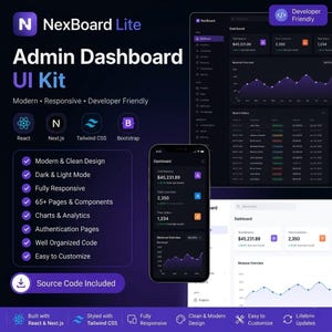 May include: A dark purple graphic promoting a "NexBoard Lite Admin Dashboard UI Kit." The design includes a phone and tablet displaying the dashboard interface, along with icons for React, Next.js, Tailwind CSS, and Bootstrap.