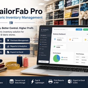 Könnte beinhalten: Ein Laptop mit der TailorFab Pro Stoffinventarverwaltungssoftware. Das Bild zeigt Stoffmuster, Garnrollen und ein Maßband. Die Softwareoberfläche zeigt ein Business-Dashboard mit Inventar- und Verkaufsdaten.