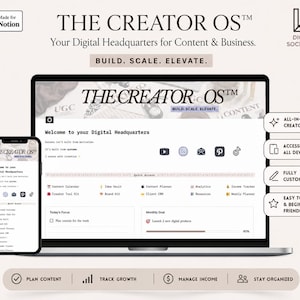 May include: A digital dashboard interface titled THE CREATOR OS displayed on a laptop and smartphone screen. The layout includes sections for content planning, analytics, income tracking, and goal setting, with icons for social media platforms.