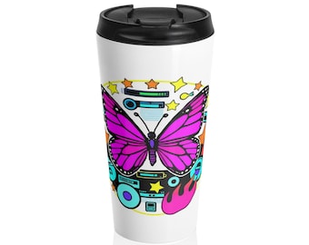 Vaso térmico de viaje estilo Y2K / Gráfico retro de mariposa pixelada / Vaso térmico con estética Y2K / Regalo nostálgico / Vaso térmico de viaje