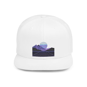 May include: White baseball cap with a flat brim. The cap features an embroidered design of a purple mountain range, a striped blue and purple sun, and a grid pattern. The cap is a classic, casual accessory.