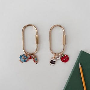 Teacher Bag Charm Carabiner, Custom Gold Teacher Keychain, Apple Book Charm, Teacher Appreciation Gift, Back to School Gift, End of Year