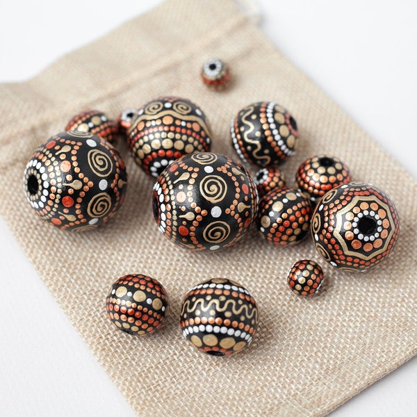 African Wooden Round Beads, Gold Hand Painted Beads for Jewelry Making - Different Sizes.