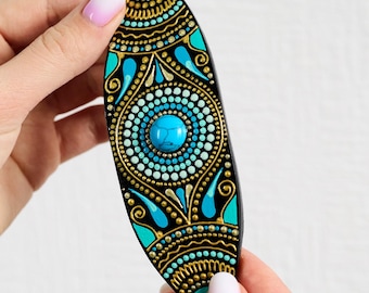 Turquoise Hair Barrette, Wooden Hand-Painted Hair Clip, Unique Gift for Daughter, Gift for Sister