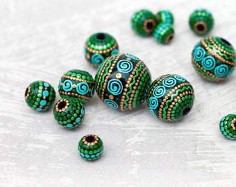Green Round Beads, Wooden Hand Painted Beads for Jewelry Making - Different Sizes, price for 1 piece.