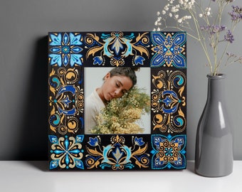 Hand Painted Victorian Style Wood Picture Frame, Blue Floral Decor