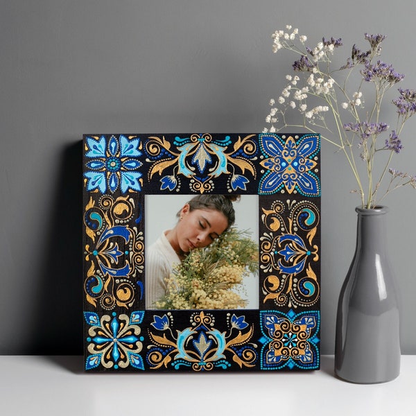 Cadre photo en bois de style victorien peint à la main, cadeau cadre photo floral bleu pour maman, cadre photo carré, cadeau Saint-Valentin