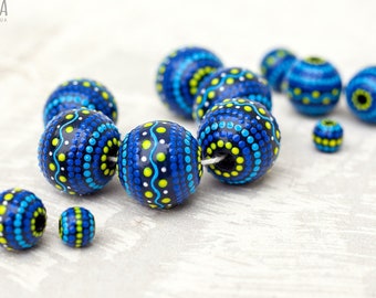 Wooden Round Beads, Hand Painted Blue Beads for Jewelry Making - Different Sizes