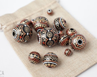 African Wooden Round Beads, Gold Hand Painted Beads for Jewelry Making - Different Sizes.