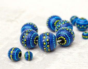 Wooden Round Bead, Hand Painted Blue Beads for Jewelry Making - Different Sizes, price for 1 piece.