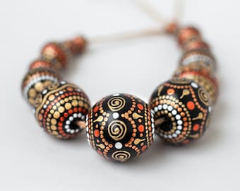 Gold African Wooden Beads Set, Unique Round Beads for Jewellery Making - 14 pcs.