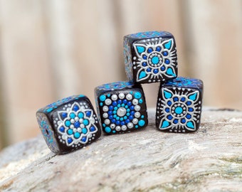 Wooden cube beads, Blue floral geometric beads, Large painted beads for necklace & jewelry making - Different sizes, price for 1 piece.