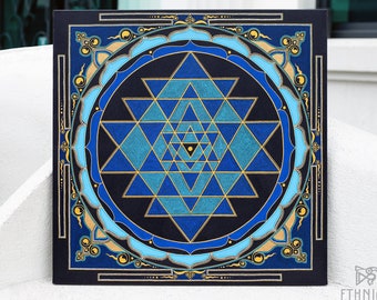 Blue Sri Yantra Wall Art, Sacred Geometry Painting, Living Room Decor, Zen Decor