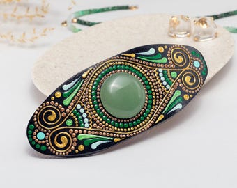 Hand Painted Wooden Hair Barrette Aventurine Gemstone Clip Celtic Boho Green Jewelry Artisan Gift for Women