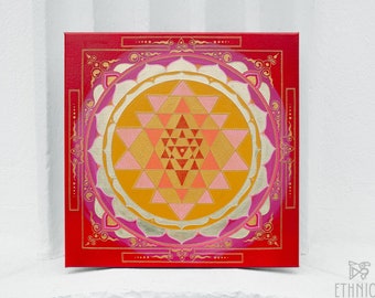 Red Gold Sri Yantra Wall Painting, Sacred Geometry Canvas for Bedroom Decor