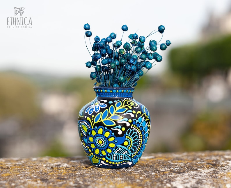 Small Ceramic Vase with Ukrainian Floral Motives, Hand Painted Decorative Vase, Bud Vase image 1