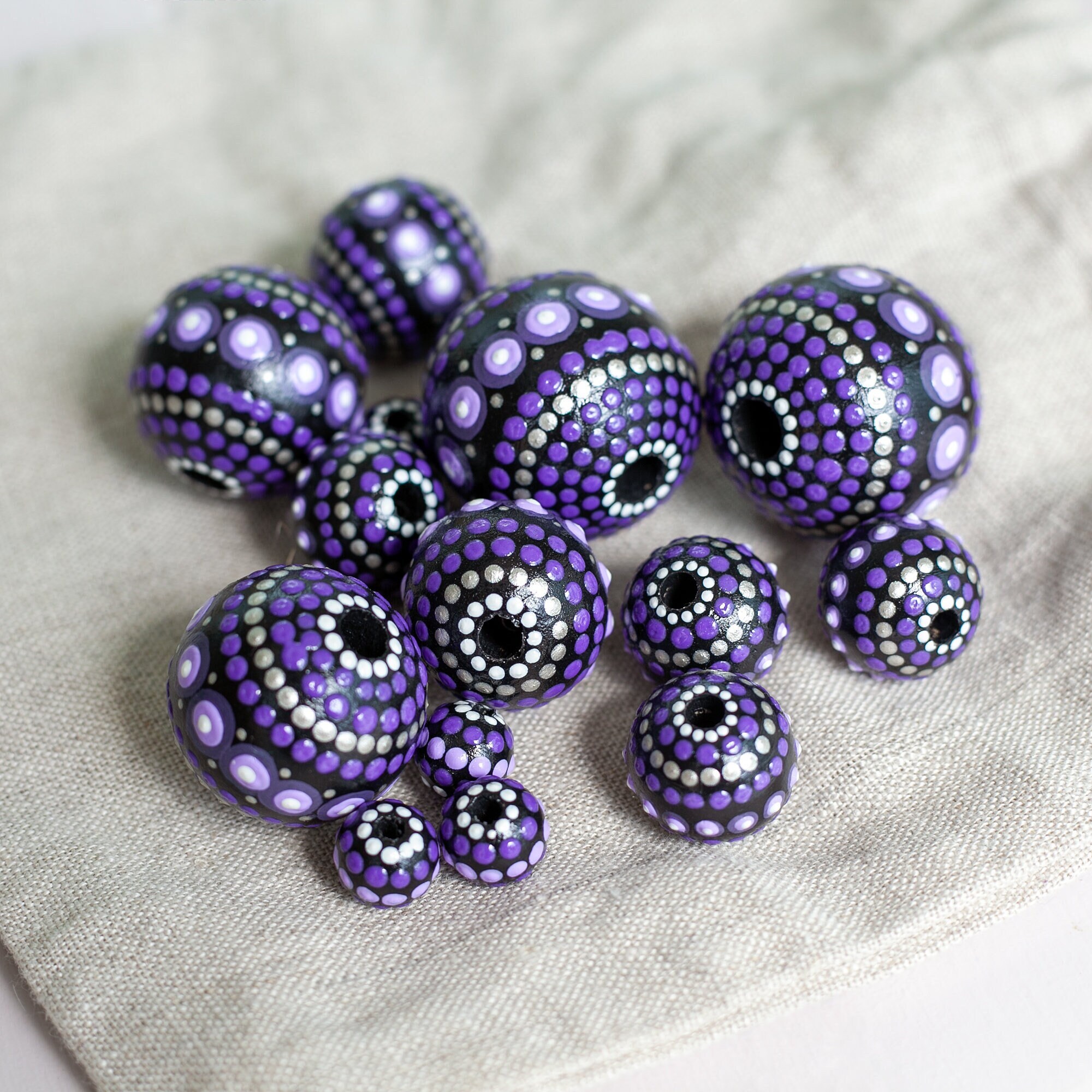 Wooden Round Beads, Hand Painted Purple Beads for Jewelry Making - Different Sizes, price for 1 piece.