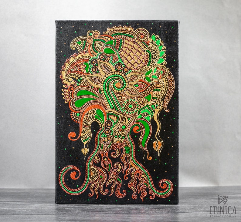 Tree of life painting, indian mehndi art, wall decor for living room or bedroom. 20x30 cm (8x12 inches)