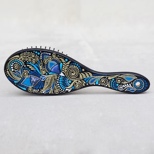 Fantasie Blaue Haarbürste für Mädchen, Holzkamm mit Lapis Lazuli Inlay, Einzigartiges Geschenk für Frau